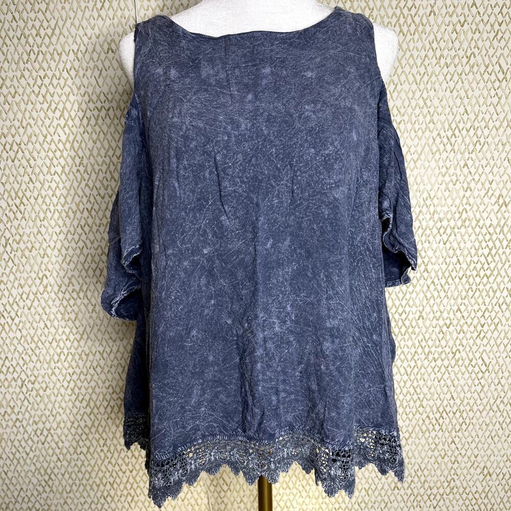 Altar’d State Navy Blue Crocheted Hem Loose Fitting Cold Shoulder Top Size S